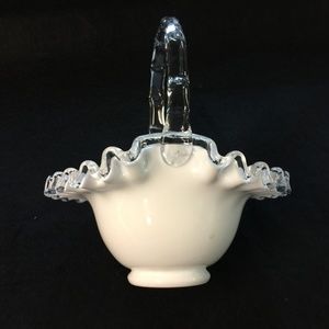 White milk glass basket clear handle & fluted edge